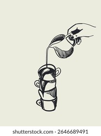 Desenho desenhado à mão esboço vetor de leite derramando em xícaras de café empilhadas, torre espresso caprichosa, estilo acolhedor dolce vita