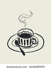 Vetor de esboço desenhado à mão de esboço de copo de café expresso vapor com pires e colher, padrão geométrico, estilo italiano dolce vita