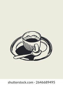 Vetor de esboço desenhado à mão de esboço de xícara de café parcialmente bêbado com traços de espuma, pires e colher, estilo acolhedor da dolce vita italiana