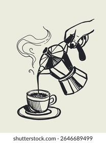 Hand drawn doodle sketch vector of moka pot pouring coffee into cup with saucer, Italian breakfast scene, dolce vita style