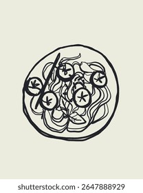 Mão desenhado doodle esboço vetor de prato de massa com tomates cereja e manjericão no estilo mediterrâneo dolce vita