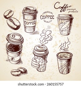 hand drawn doodle sketch vintage paper cup of coffee takeaway Menu for restaurant, cafe, bar, coffeehouse.