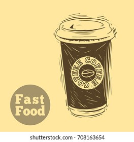 Hand drawn doodle sketch vintage paper cup of coffee takeaway Menu for restaurant, cafe, bar, coffeehouse.