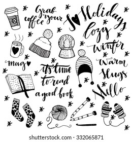 Hand drawn doodle sketch winter fashion clother illustration. Cute overlays for your blog posts photos.