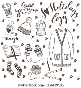 Hand drawn doodle sketch winter fashion  illustration. Cute overlays for your blog posts photos.