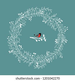 Hand Drawn Doodle Sketchy Frosty White Wreath Red Robbin Bird Sitting on Tree Branch. Christmas New Year Greeting Card. Cartoon Style. Turquoise Background. Copy Space for Text Lettering