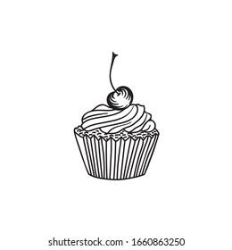 Hand drawn doodle sketchy illustration of home baked cupcake with whipped buttercream cherry on top. Creative food pastry drawing template for bakery wedding party desserts