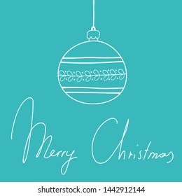 Hand drawn doodle sketchy Xmas greeting card. Ornament ball hand lettering Merry Christmas on pastel turquoise background. Vector illustration