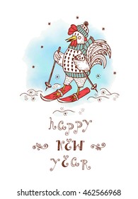 Hand drawn doodle Skier Rooster. Happy New Year card. Winter Holiday background with funny Cock. Rooster Symbol of Chinese New Year - vector illustration