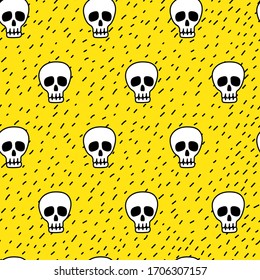 El calavera del doodle dibujado a mano es un patrón transparente en el fondo amarillo