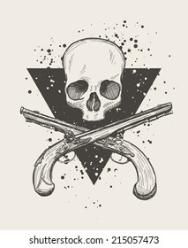 Hand drawn doodle skull with two crossing flintlock pistols. EPS10 vector drawing.