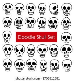 Hand drawn doodle skulls set on white background