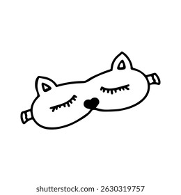 Hand drawn doodle sleep mask in cat shape. Sleeping mask. Cute sleeping cat. Childish animal eye mask. Isolated on white background