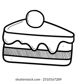 Hand drawn doodle of a slice of cherry cake isolated on a white background. Vector illustration.