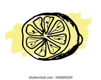 Trozo de doodle con mano de limón. Ilustración vectorial para fondos, impresiones textiles, menú, web y gráfico