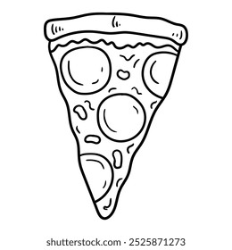 Fatia de rabiscar desenhado à mão de pizza de pepperoni isolado no fundo branco. Ilustração vetorial.