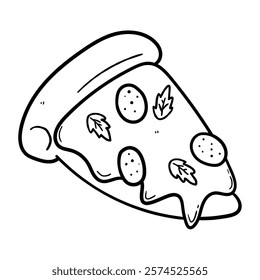 Hand drawn doodle slice of pizza with melted cheese isolated on white background. Vector illustration.