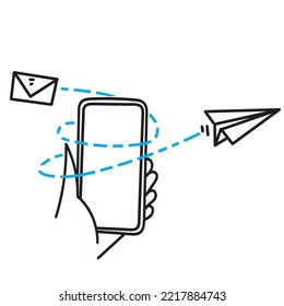 hand drawn doodle smart phone with flying paper plane and envelope illustration