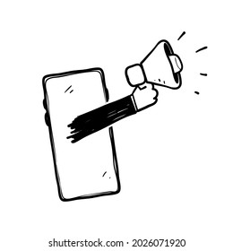 hand drawn doodle smartphone and megaphone symbol for digital marketing icon isolated