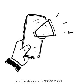 hand drawn doodle smartphone and megaphone symbol for digital marketing icon isolated