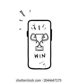 símbolo de la ilustración de trofeo y el smartphone dibujado a mano para el ganador aislado