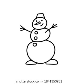 Hand drawn doodle of smiling Christmas Snowman isolated on white background. Vector outline illustration. Design for print, web, invitation, greeting card.