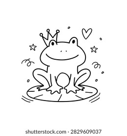 Hand drawn doodle of a smiling frog wearing a crown sitting on a lily pad decorated with stars and a heart in a simple line art style