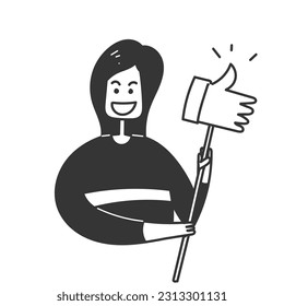 hand drawn doodle smiling person with thumb up gesture illustration