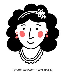Hand drawn doodle smiling woman's face with flower in the hair. Vector line illustration.