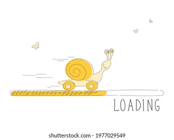 Hand drawn doodle snail with progress loading bar. Very fast snail on skateboard. Business concept.