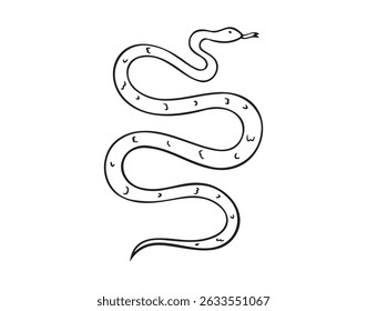 Hand drawn doodle snake top view icon. Outline drawing isolated snake on white background. Vector illustration