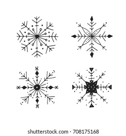 Hand drawn doodle snowflake winter set. Cute Christmas vector illustration.