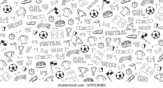 Hand Drawn Doodle Soccer Or Football Background. Isolated Elements. Vector Illustration