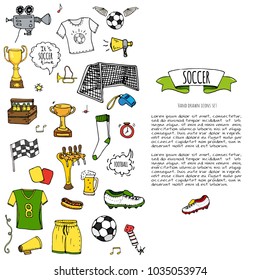 Hand drawn doodle Soccer set Vector illustration Sketchy sport traditional icons Cartoon typical football elements collection Football ball, cleats, goal, trophy, whistle, gloves, boots isolated