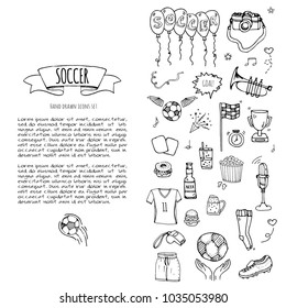 Hand drawn doodle Soccer set Vector illustration Sketchy sport traditional icons Cartoon typical football elements collection Football ball, cleats, goal, trophy, whistle, gloves, boots isolated