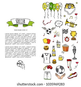 Hand drawn doodle Soccer set Vector illustration Sketchy sport traditional icons Cartoon typical football elements collection Football ball, cleats, goal, trophy, whistle, gloves, boots isolated