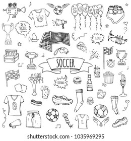 Hand drawn doodle Soccer set Vector illustration Sketchy sport traditional icons Cartoon typical football elements collection Football ball, cleats, goal, trophy, whistle, gloves, boots isolated