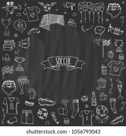 Hand drawn doodle Soccer set Vector illustration Sketchy sport traditional icons Cartoon typical football elements collection Football ball, cleats, goal, trophy, whistle, gloves, boots isolated