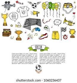 Hand drawn doodle Soccer set Vector illustration Sketchy sport traditional icons Cartoon typical football elements collection Football ball, cleats, goal, trophy, whistle, gloves, boots isolated