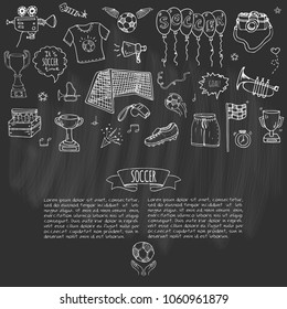 Hand drawn doodle Soccer set Vector illustration Sketchy sport traditional icons Cartoon typical football elements collection Football ball, cleats, goal, trophy, whistle, gloves, boots isolated