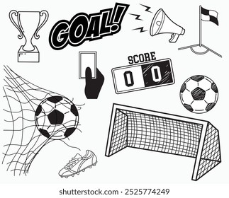 Jogo de futebol desenhado à mão. Ilustração vetorial. Elementos isolados no plano de fundo branco. Coleção de símbolos.