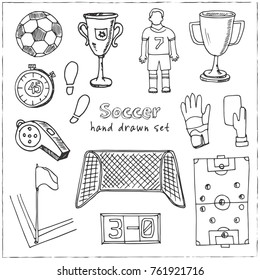 Hand drawn doodle soccer set. Vector illustration. Isolated elements on white background. Symbol collection.