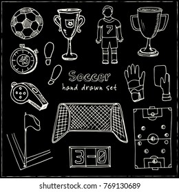 Hand drawn doodle soccer set. Vector illustration. Isolated elements on chalkboard background. Symbol collection.