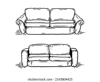 Hand drawn doodle sofa vector illustration set. Black color outline sketch. Engraving style.