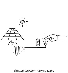 hand drawn doodle solar panel and light bulb symbol for solar energy illustration