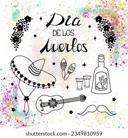 Hand drawn doodle sombrero, mustache, tequila bottle, tequila shot glasses, maracas, guitar, floral patterns and Dia de los muertos lettering with colorful watercolor stains and splashes on background