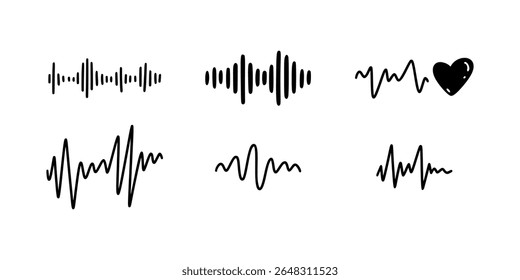 Onda de som de rabiscar desenhada à mão. Áudio, ilustração vetorial de radiofreqüência. Música da onda sonora. Medida de sismografia de terremoto, atividade de sismografia. Desenho de gravação de voz em uma linha