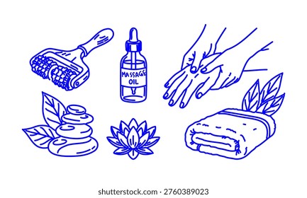 Hand Drawn Doodle Spa and Wellness Icons Set with Massage Oil Nail Care Towel and Lotus Sketch Style Beauty Self Care Collection