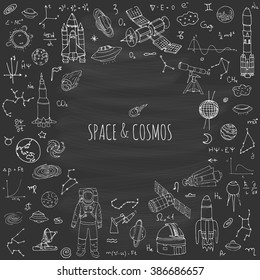 Hand drawn doodle Space and Cosmos set Vector illustration Universe icons Space concept elements Rocket Space ship symbols collection Solar system Planets Galaxy Milky Way Astronaut Tech freehand icon