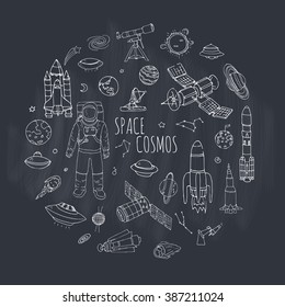 Hand drawn doodle Space and Cosmos set Vector illustration Universe icons Space concept elements Rocket Space ship symbols collection Solar system Planets Galaxy Milky Way Astronaut Tech freehand icon
